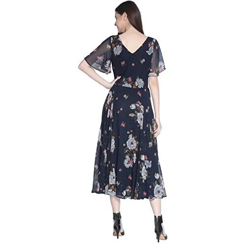 Rare London Women Synthetic A-Line Knee-Long Dress (Ep3153-L_Blue_L)