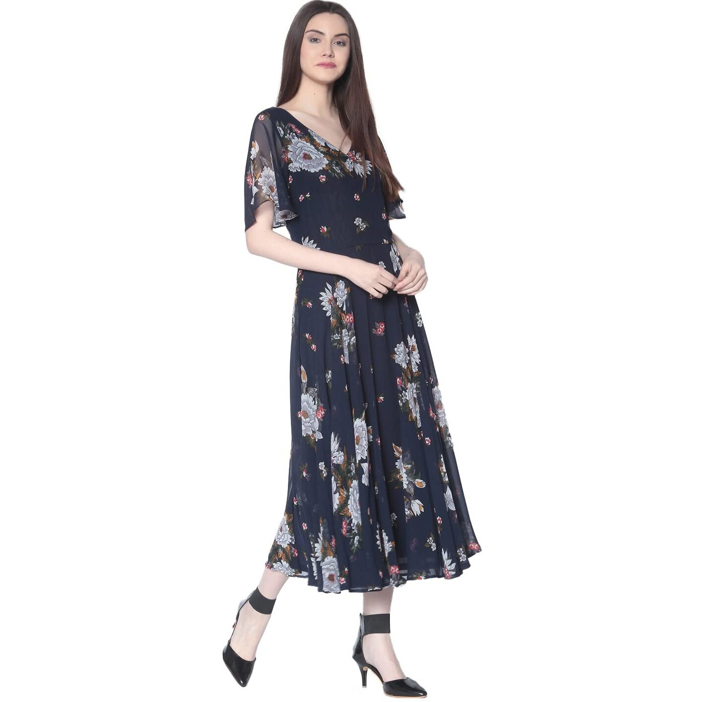 Rare London Women Synthetic A-Line Knee-Long Dress (Ep3153-L_Blue_L)