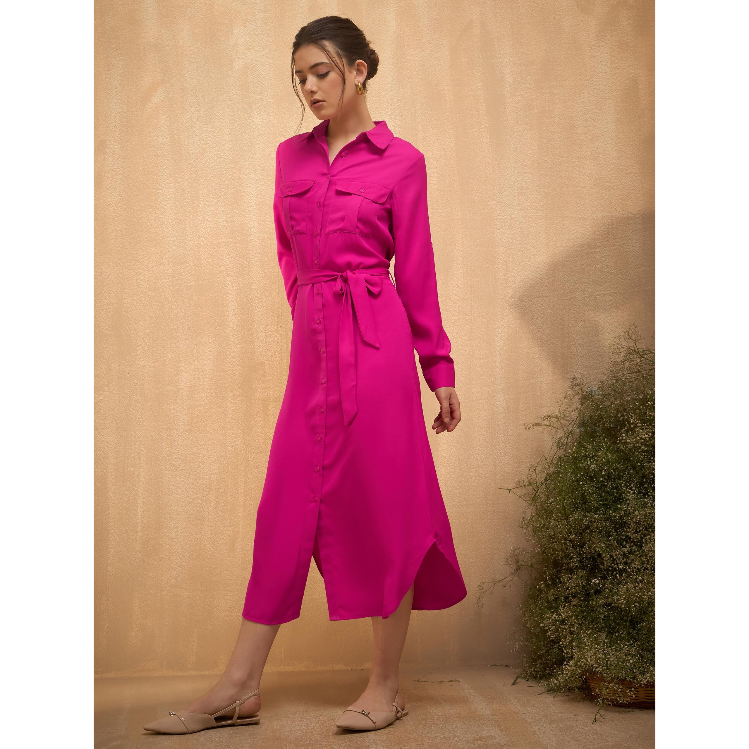 Rare Women's Polyester A-Line Mid-Calf Length Casual Dress (Ep8102A_Hot Pink_S)