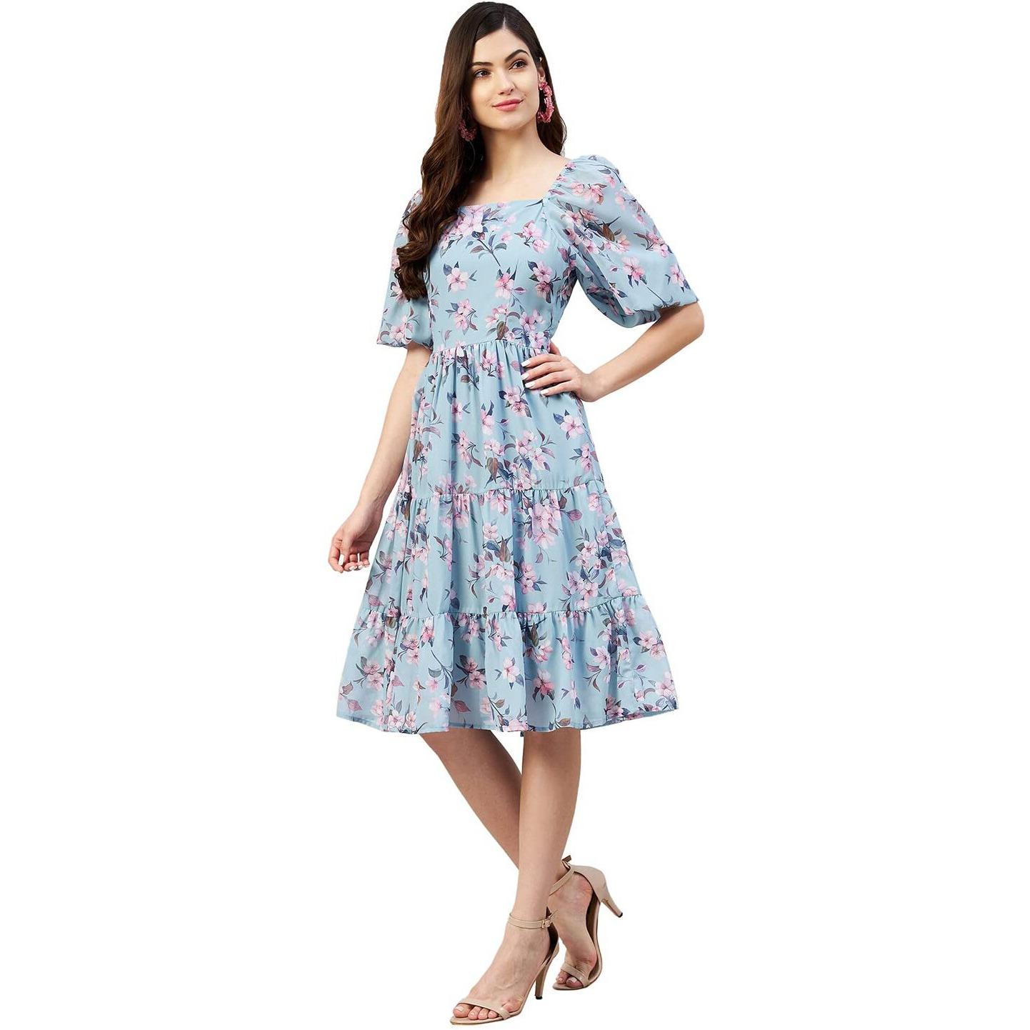 Rare Women Casual Sea Green Colour Above The Knee Floral Dress (M)
