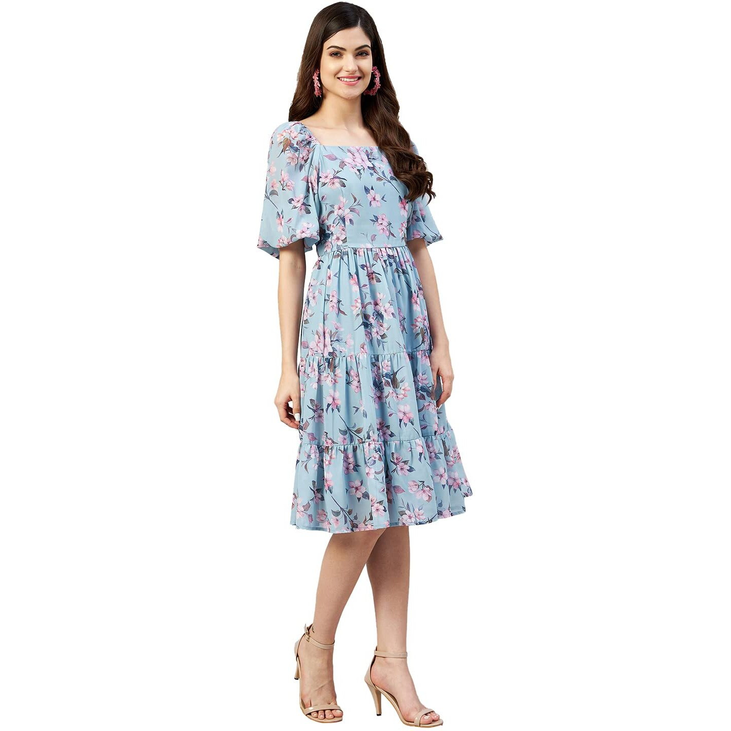 Rare Women Casual Sea Green Colour Above The Knee Floral Dress (M)