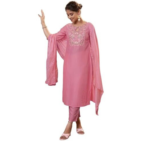 Sanisa Women's Chinnon Embroidery Work Straight Kurta With Pant And Dupatta Set (180Kbd1923Nr-S_Pink)