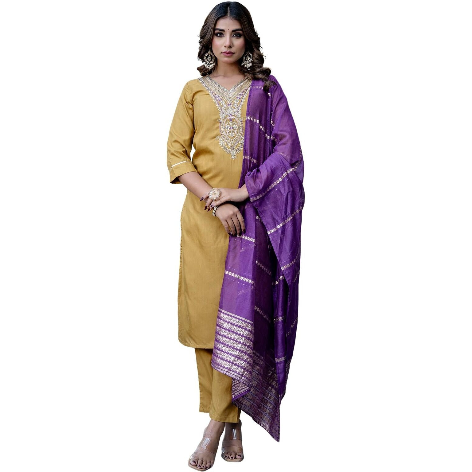 Sanisa Women's Cotton Blend Sequence Embroidery Work Straight Kurta With Pant And Dupatta Set (166Kbd1787N-S_Mustard Yellow)