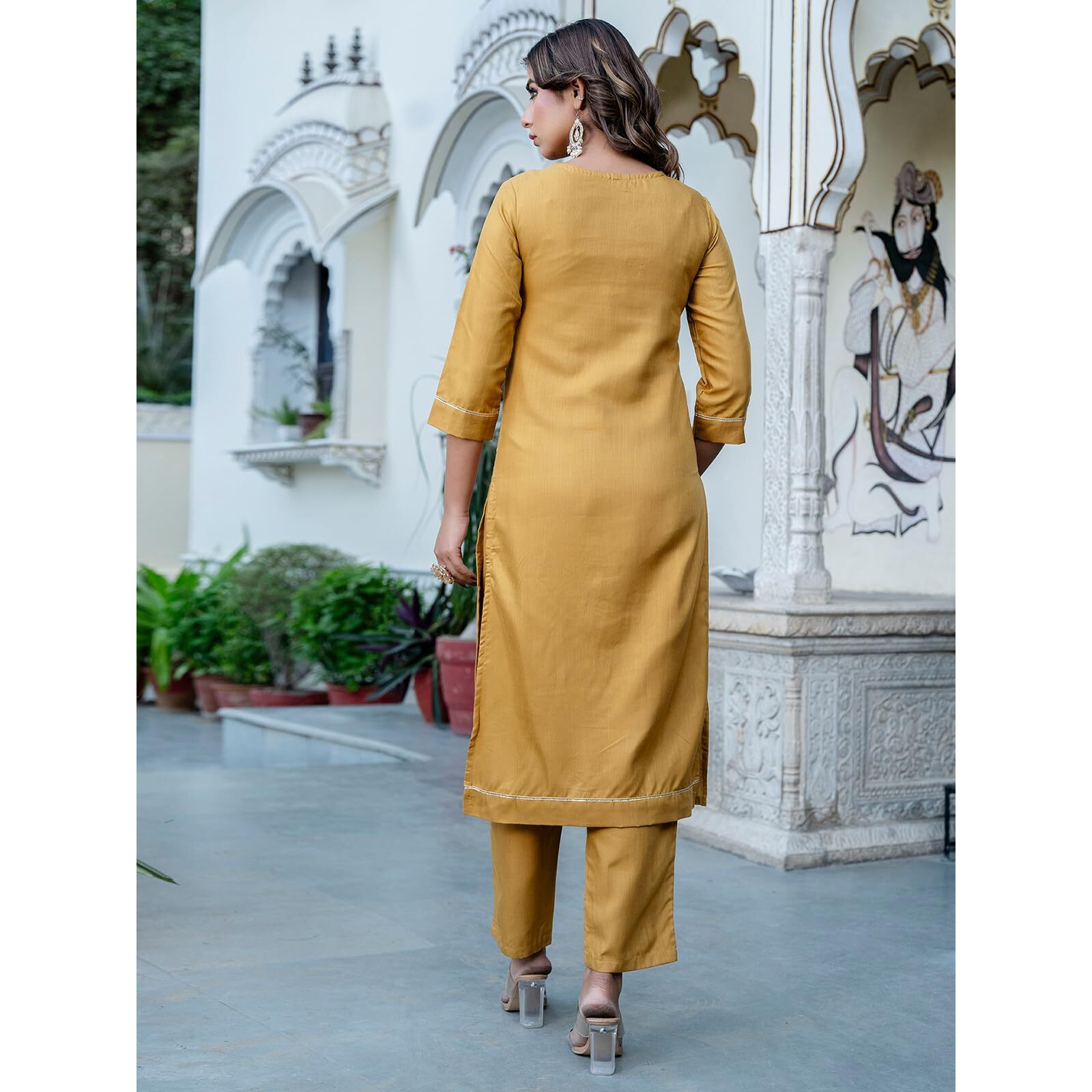 Sanisa Women's Cotton Blend Sequence Embroidery Work Straight Kurta With Pant And Dupatta Set (166Kbd1787N-S_Mustard Yellow)