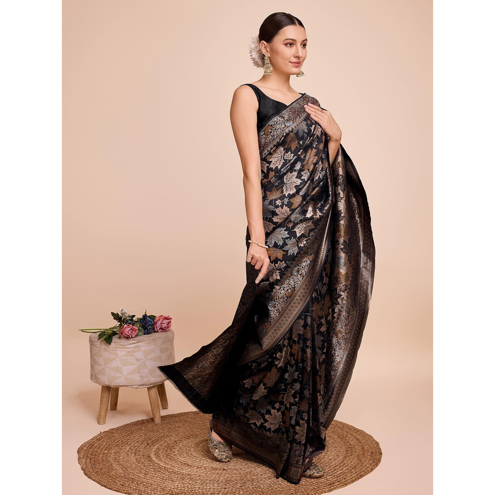 Satrani Women's Silk Banarasi Jacquard Saree With Unstitched Blouse Piece (3857S224N_Black)