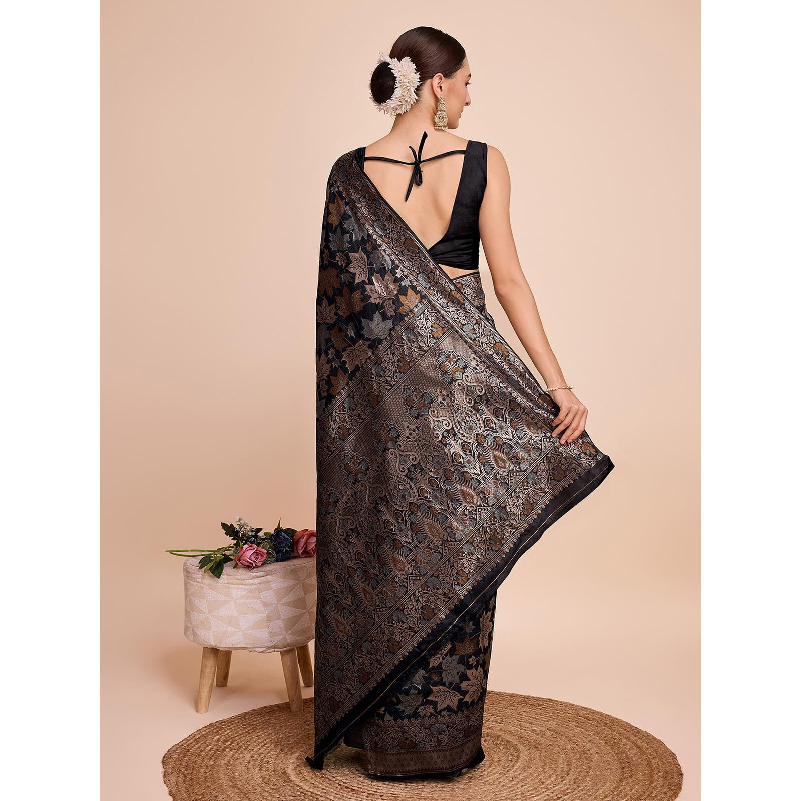 Satrani Women's Silk Banarasi Jacquard Saree With Unstitched Blouse Piece (3857S224N_Black)