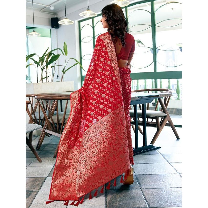 Satrani Women's Georgette Jacquard & Tassels Saree With Unstitched Blouse Piece (3495S108N_Red2)