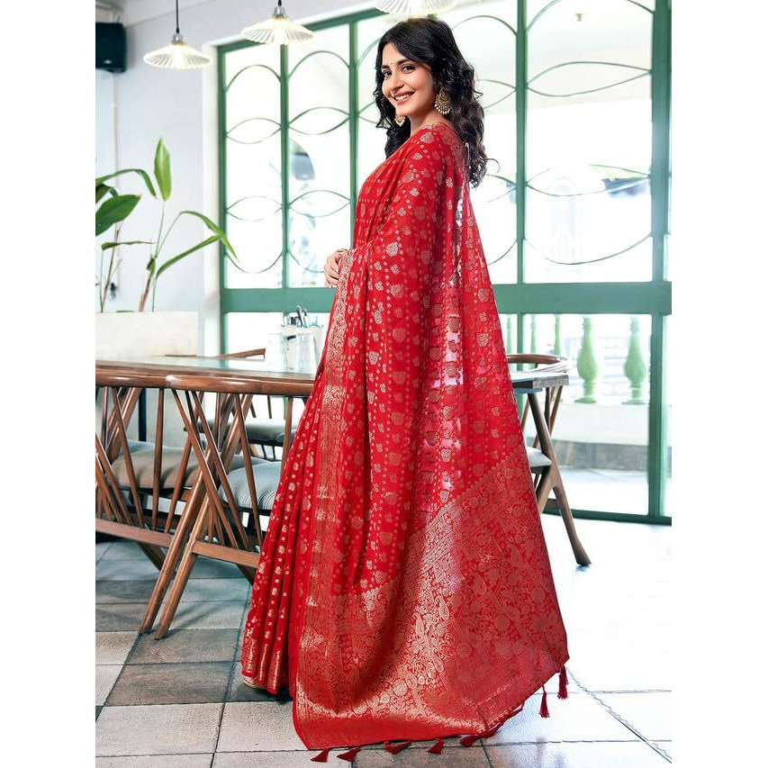 Satrani Women's Georgette Jacquard & Tassels Saree With Unstitched Blouse Piece (3495S108N_Red2)