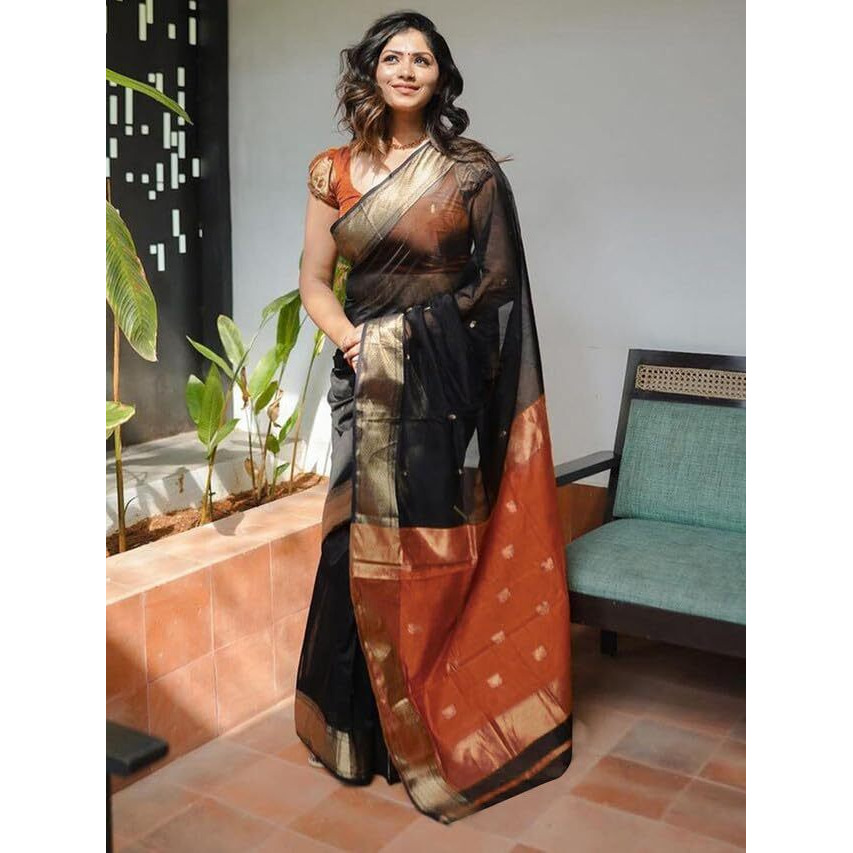 Satrani Women's Poly Cotton Jacquard Saree With Unstitched Blouse Piece (3583S345N_Black & Rust)