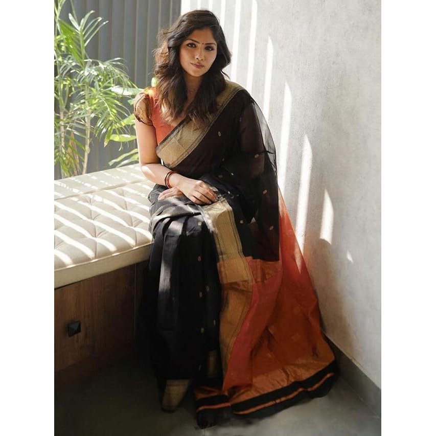 Satrani Women's Poly Cotton Jacquard Saree With Unstitched Blouse Piece (3583S345N_Black & Rust)