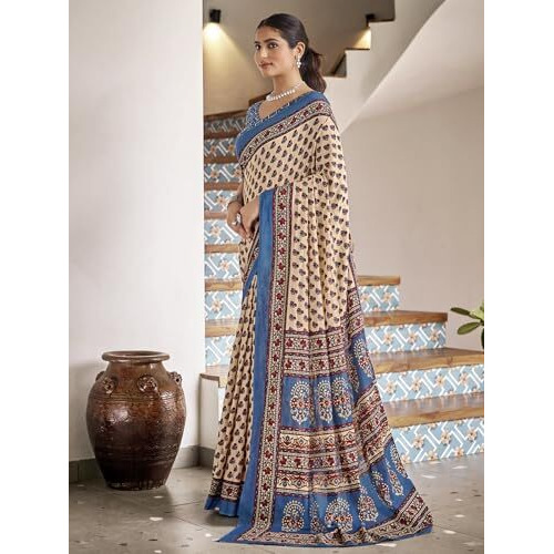 Satrani Women's Pure Cotton Floral Printed Saree With Unstitched Blouse Piece (3856S114N_Cream & Blue)