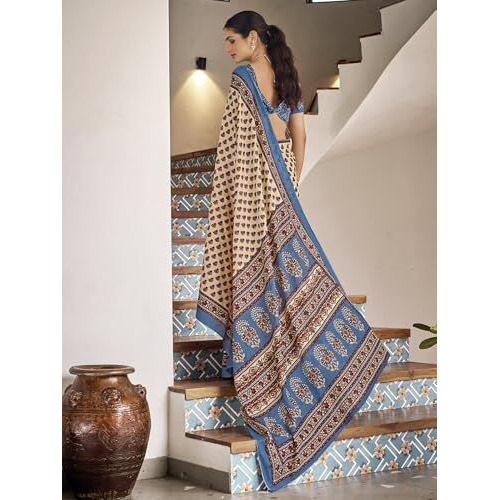 Satrani Women's Pure Cotton Floral Printed Saree With Unstitched Blouse Piece (3856S114N_Cream & Blue)