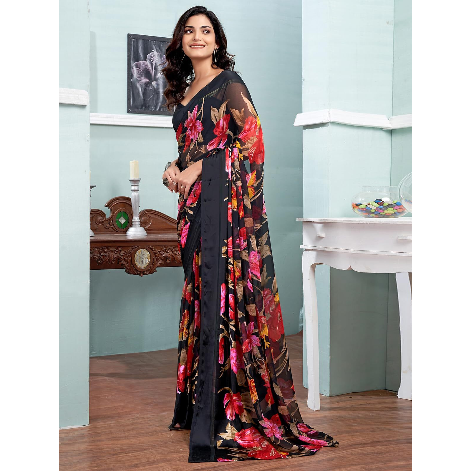 Satrani Women's Georgette Floral Printed Satin Zari Stripe Saree With Unstitched Blouse Piece (3923S137N_Black)