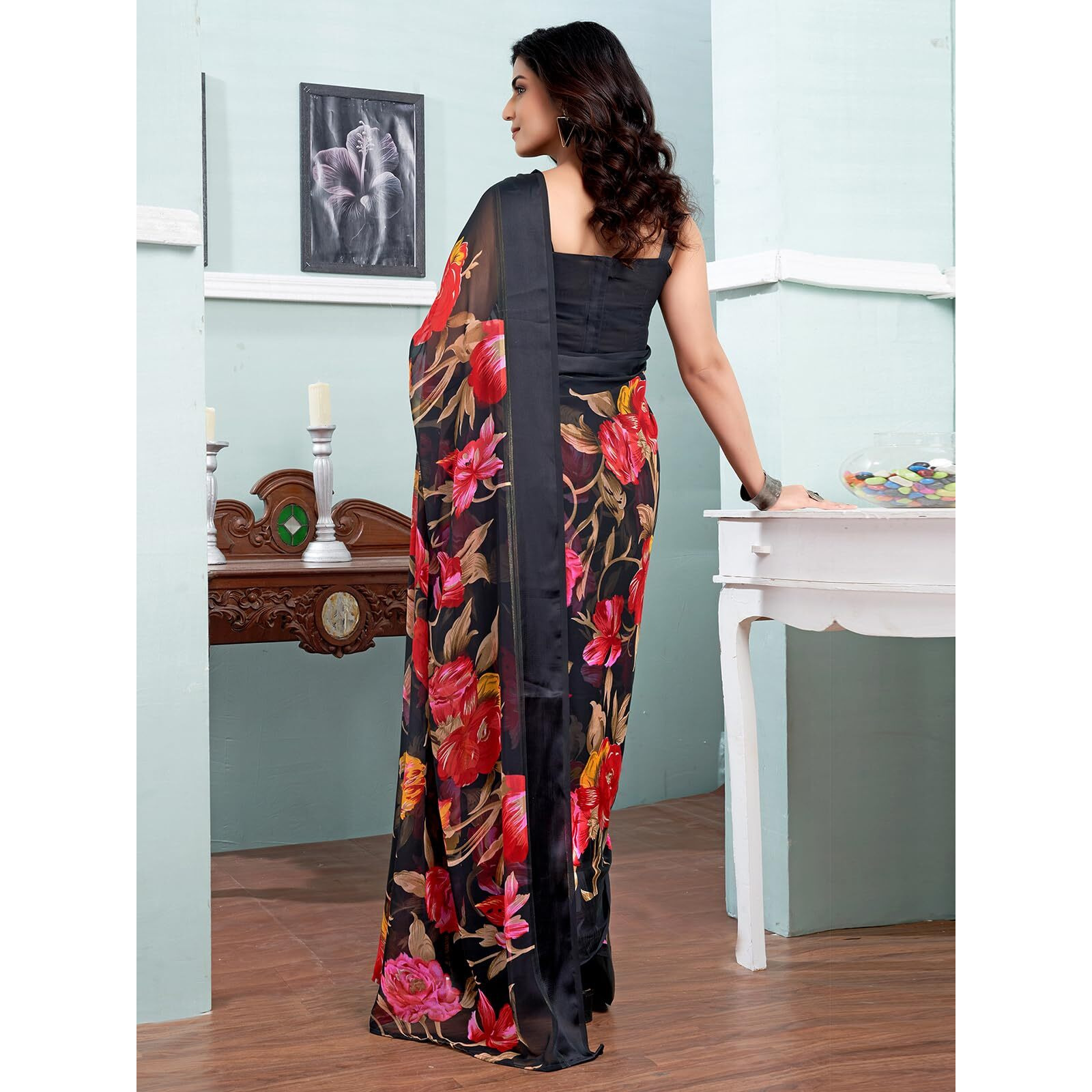 Satrani Women's Georgette Floral Printed Satin Zari Stripe Saree With Unstitched Blouse Piece (3923S137N_Black)
