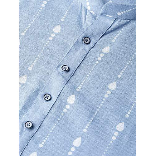 See Designs Men's Blue Printed Cotton Side Slits Mandarin Collar Straight Kurta - Sd2Kt833S