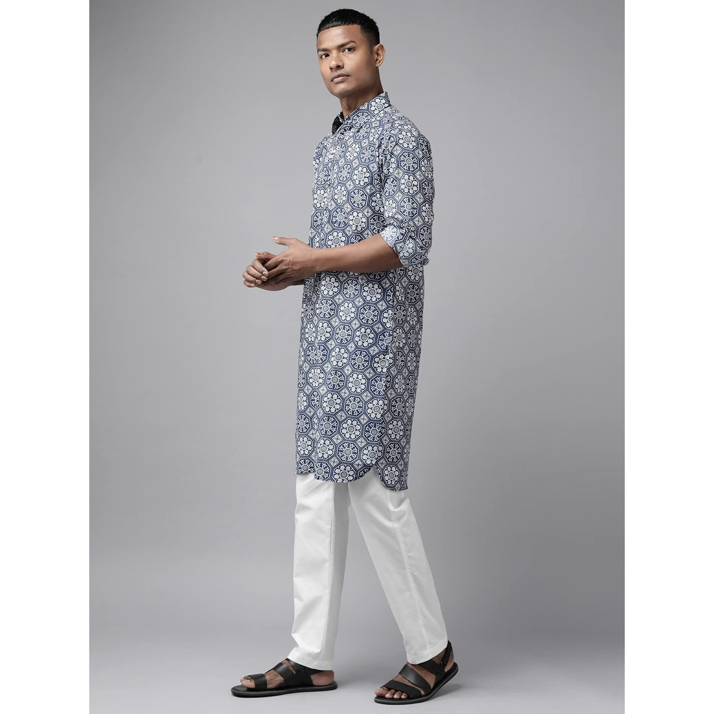 See Designs Men's Indigo Regular Pure Cotton Pathani Printed Men's Kurta - Sdpkt_1163L