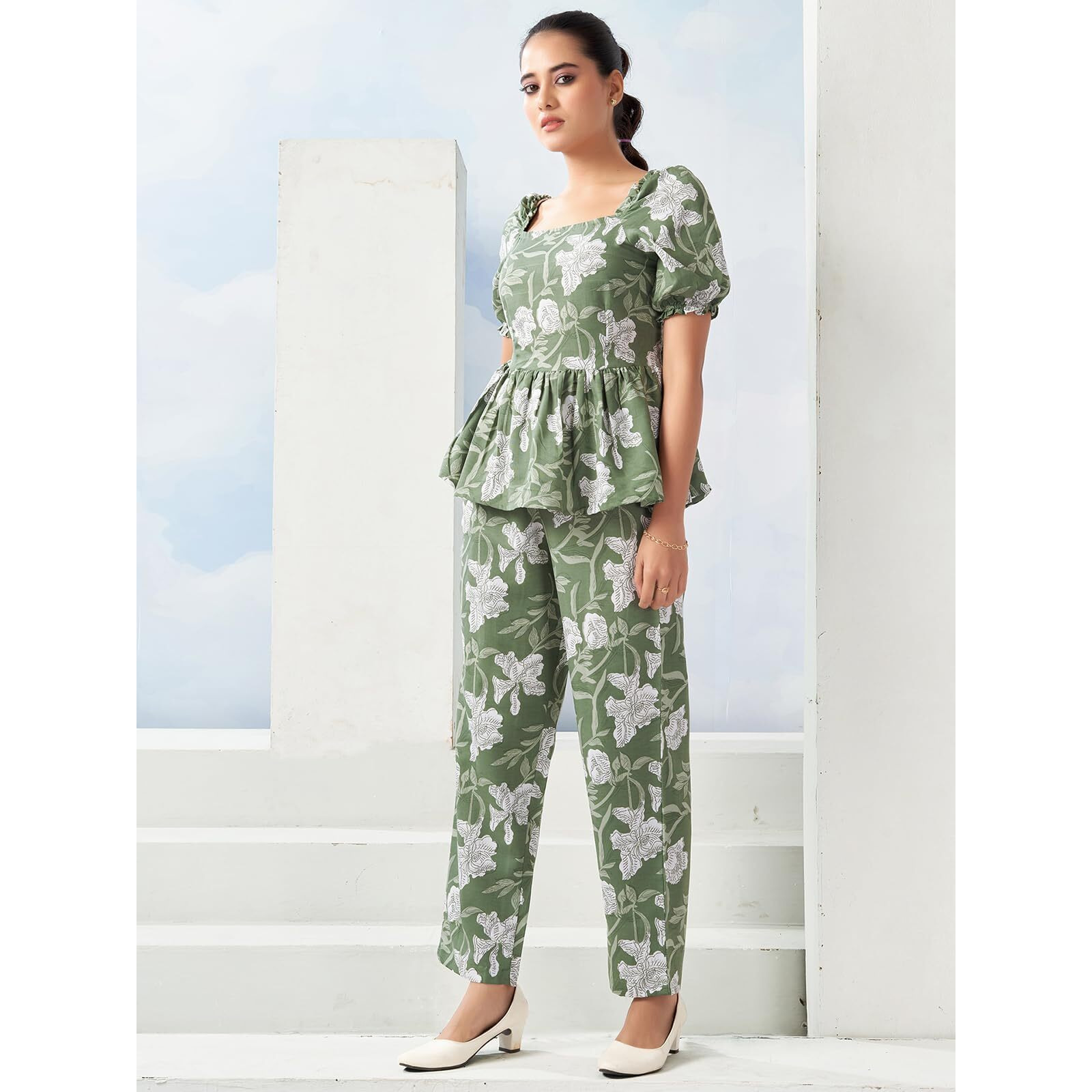 Selvia Women's Rayon Blend Maxi Co-Ords Set (743Ctk8021N-Xs_Dusty Green & White