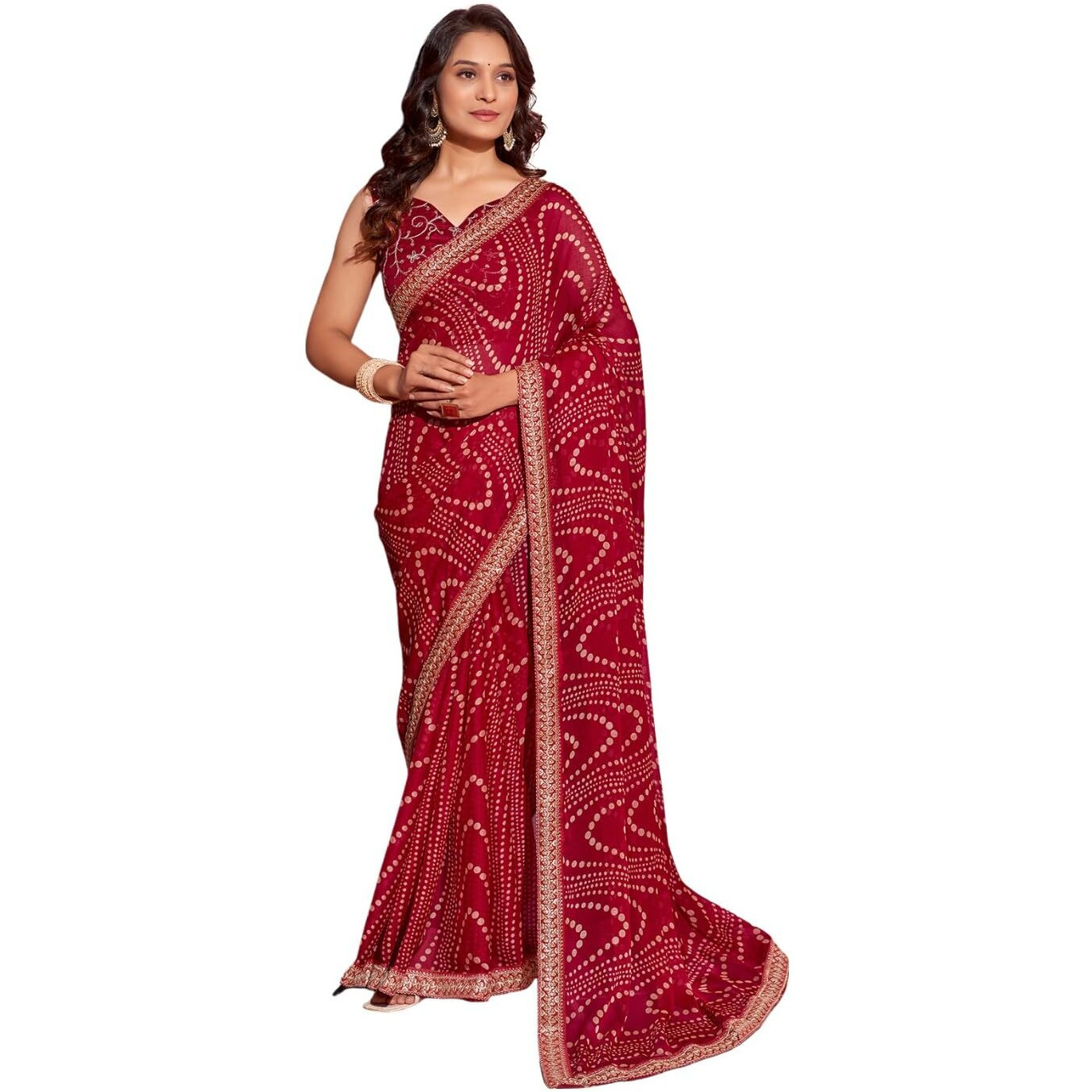 Satrani Women's Georgette Bandhani Printed Saree With Unstitched Blouse Piece (3667S2543N_Maroon)