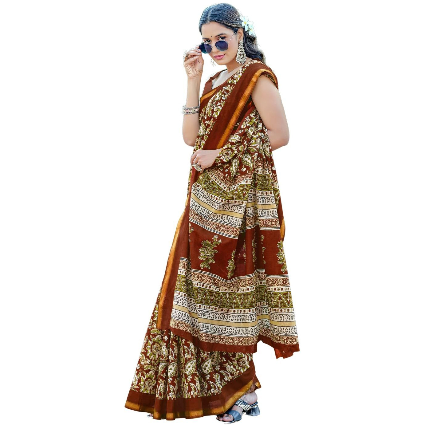 Shiv Textiles Cotton Printed Saree For Women.(Smc-405-Brown)