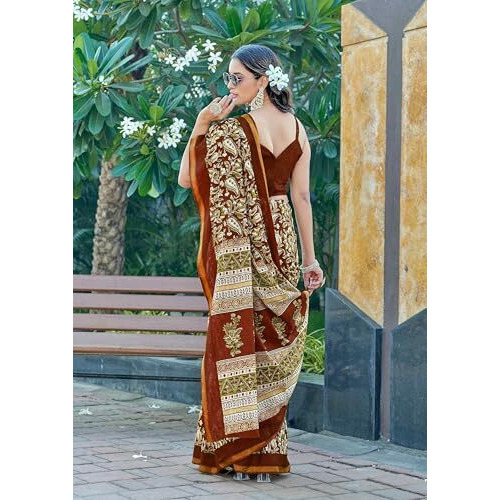 Shiv Textiles Cotton Printed Saree For Women.(Smc-405-Brown)