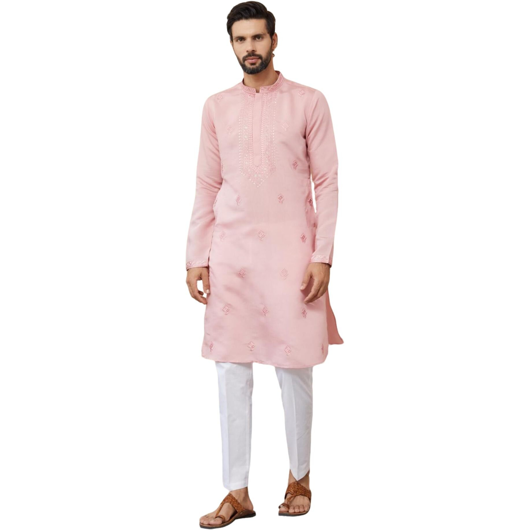 See Designs Men's Long Sleeve Mandarin Collar Side Slit Pale Rose Embroidered Chanderi Silk Straight Kurta With Pyjama - Sdkt257701Xxl
