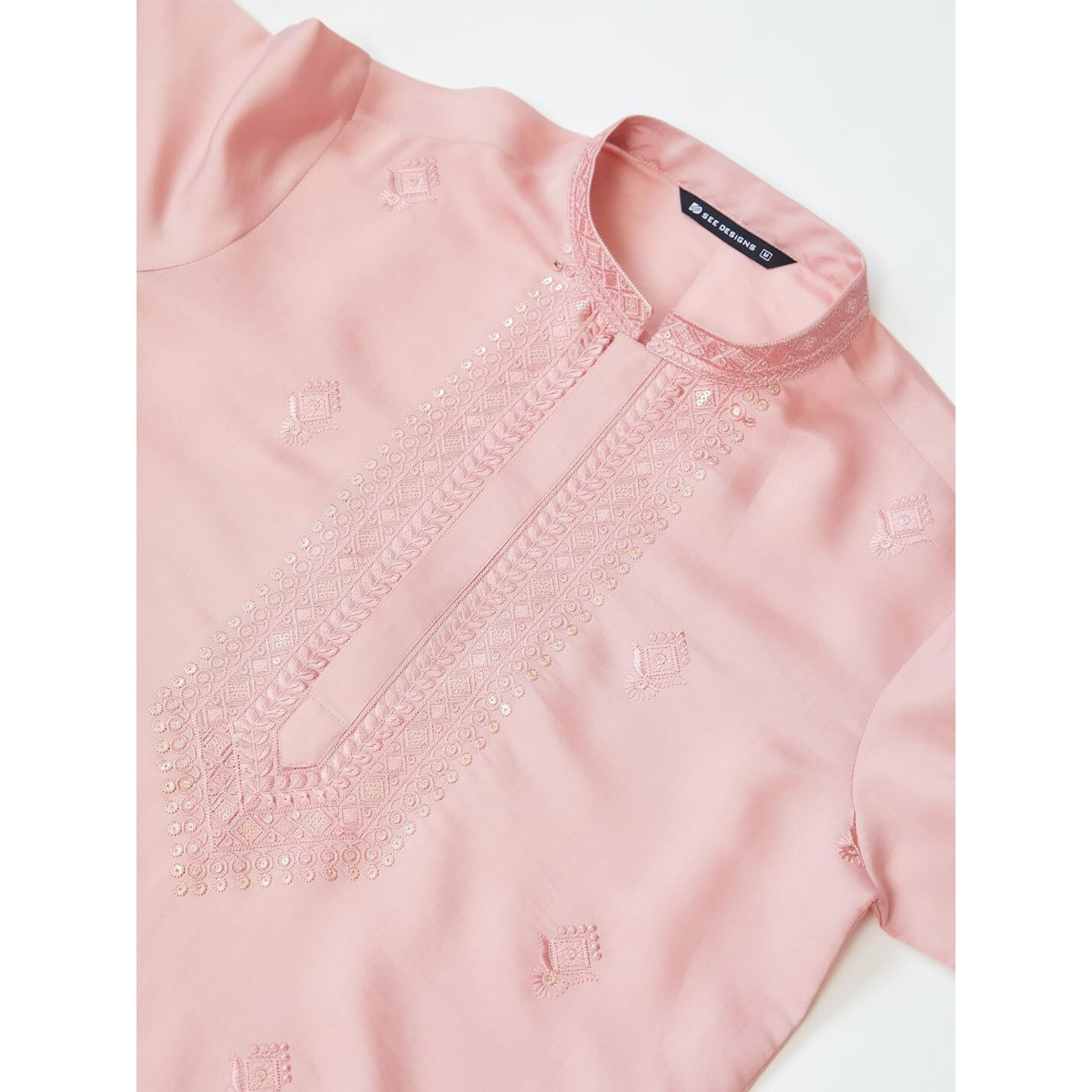 See Designs Men's Long Sleeve Mandarin Collar Side Slit Pale Rose Embroidered Chanderi Silk Straight Kurta With Pyjama - Sdkt257701Xxl