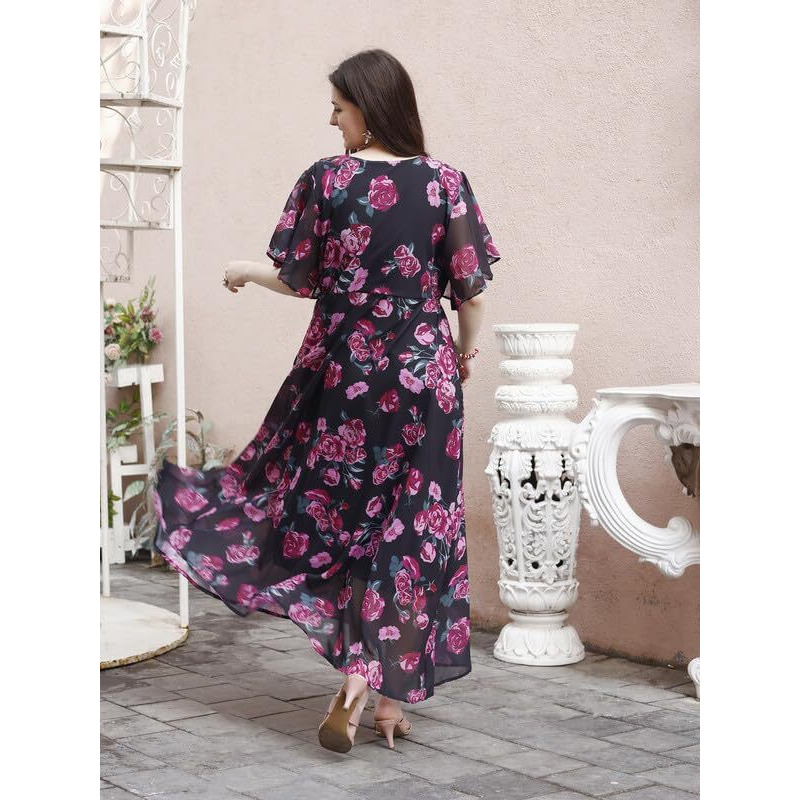 Smowkly Women's Georgette Floral Printed Indo-Western Ethnic Gown || Half Sleeve V Neck Fit & Flare Flared Hem Design || A-Line Maxi Dress Casual Wear (Black & Pink, Medium)
