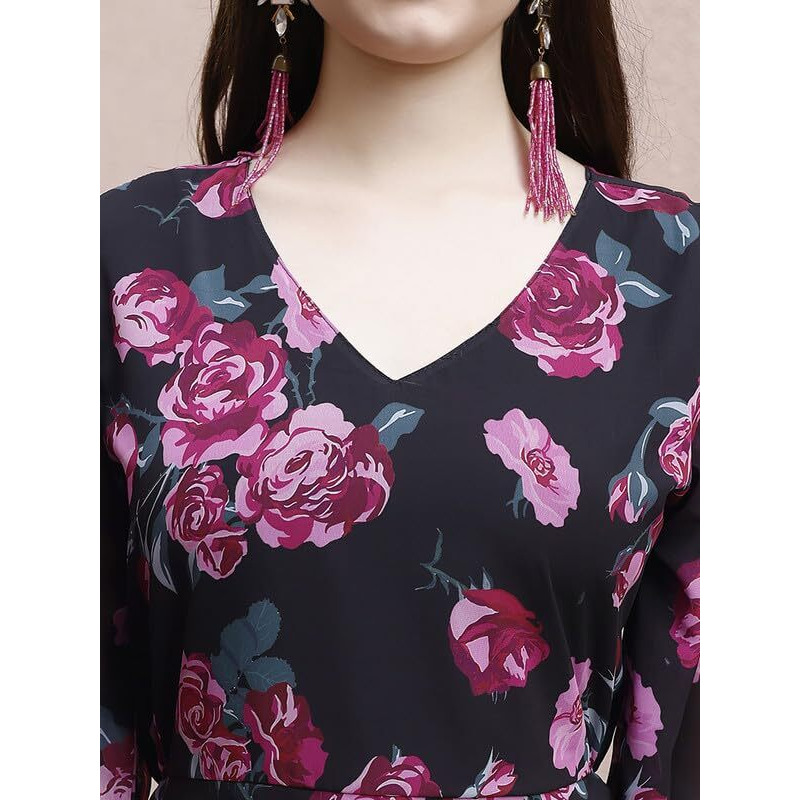 Smowkly Women's Georgette Floral Printed Indo-Western Ethnic Gown || Half Sleeve V Neck Fit & Flare Flared Hem Design || A-Line Maxi Dress Casual Wear (Black & Pink, Medium)