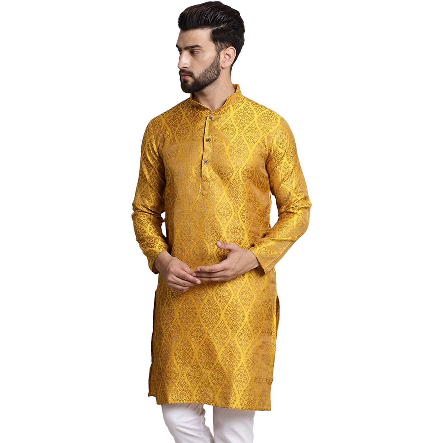 Sojanya (Since 1958 Men's Silk Blend Mustard Color Self Design Only Long Kurta