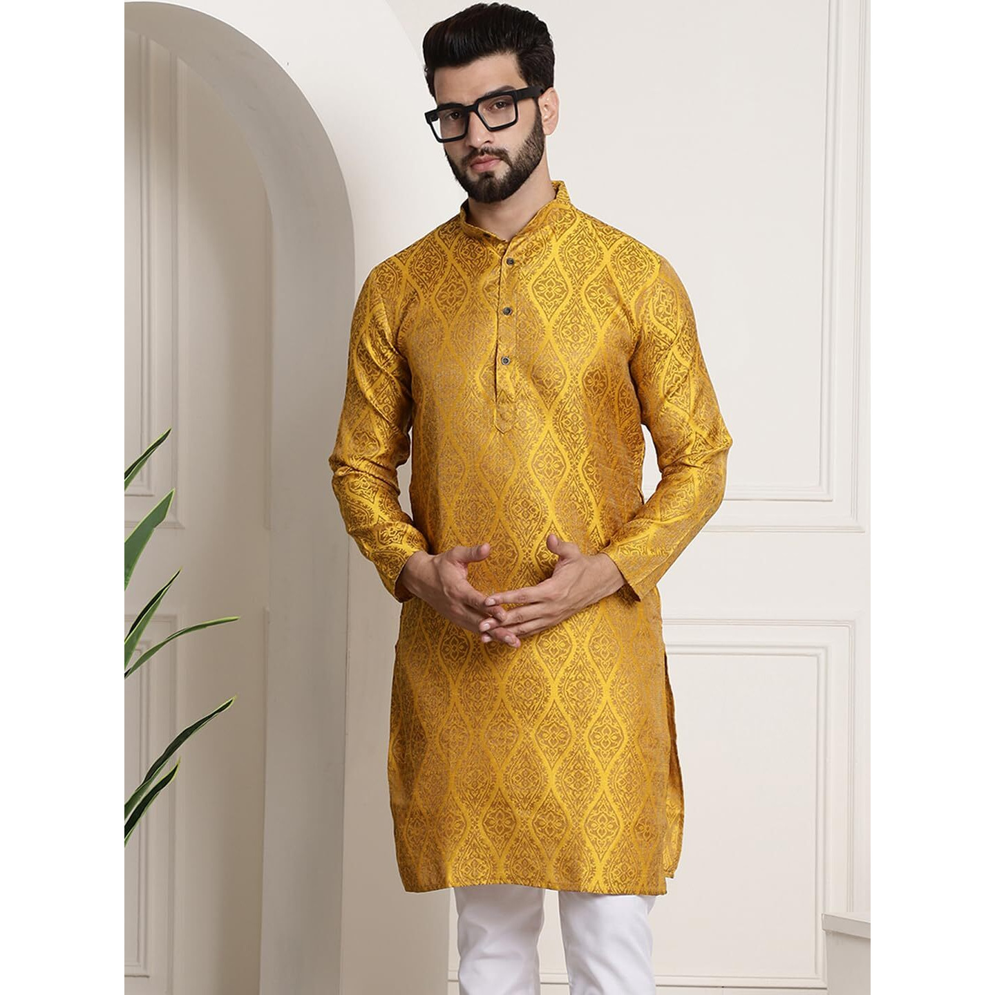 Sojanya (Since 1958 Men's Silk Blend Mustard Color Self Design Only Long Kurta