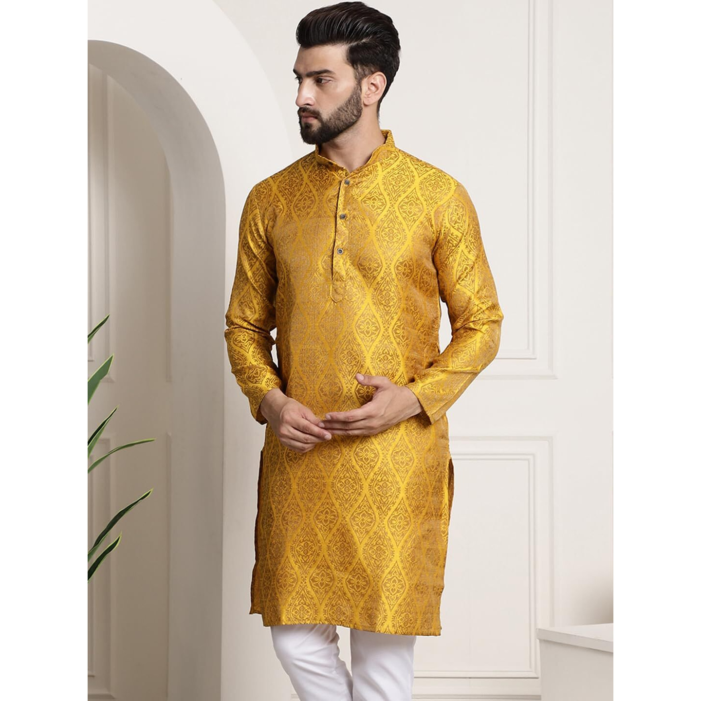 Sojanya (Since 1958 Men's Silk Blend Mustard Color Self Design Only Long Kurta