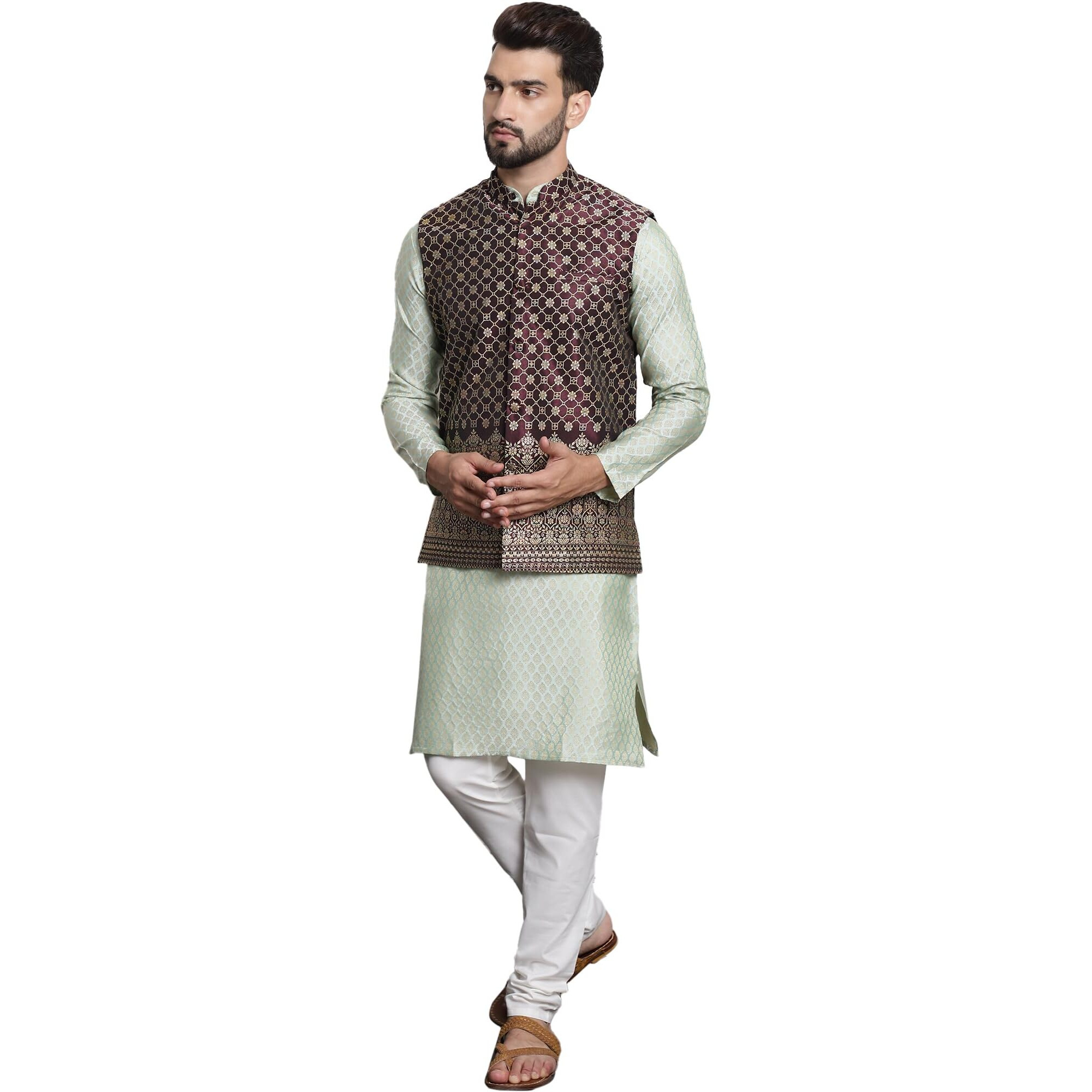 Sojanya (Since 1958 Men's Jacquard Silk Pista Green Kurta And Cream Pyjama With Wine Nehrujacket