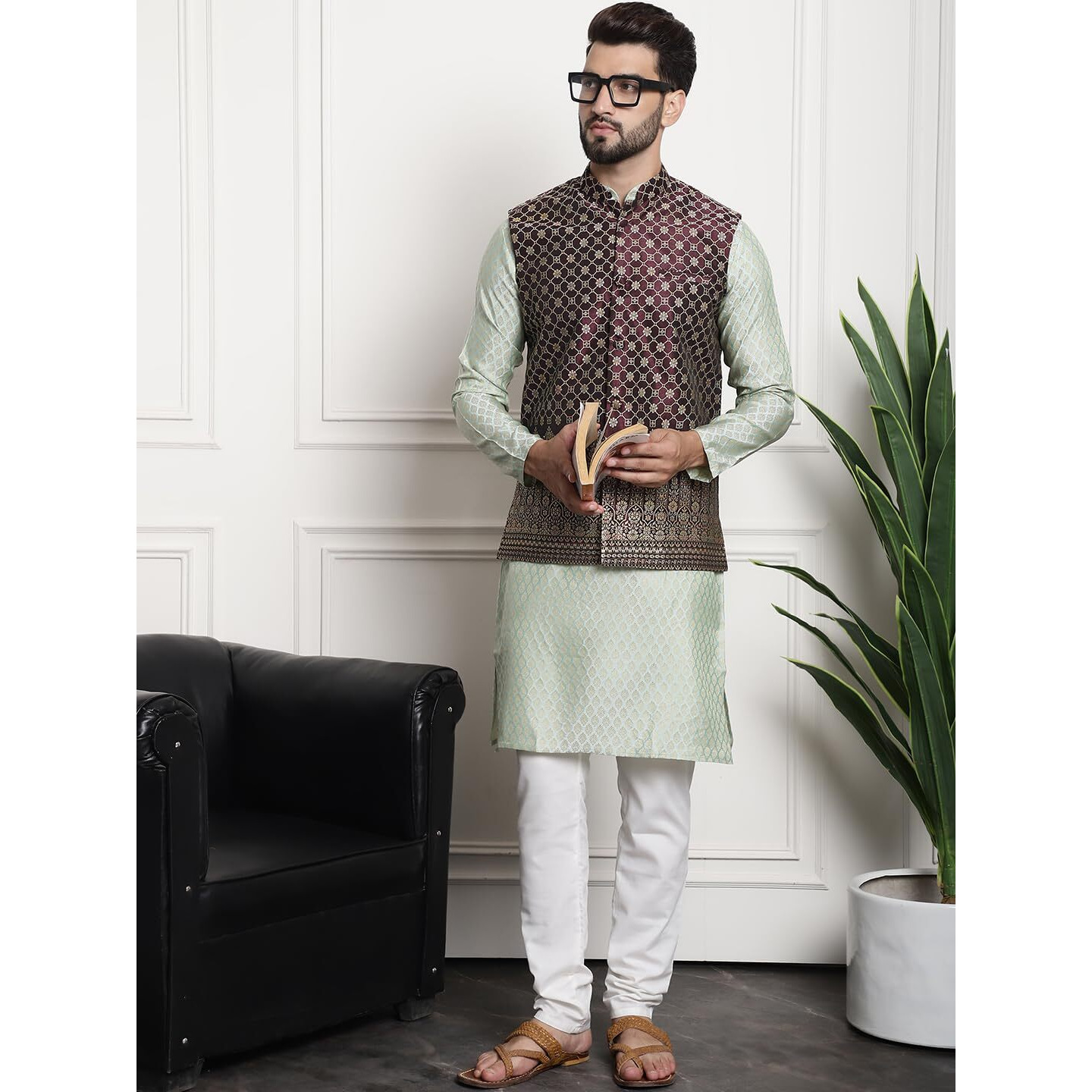 Sojanya (Since 1958 Men's Jacquard Silk Pista Green Kurta And Cream Pyjama With Wine Nehrujacket