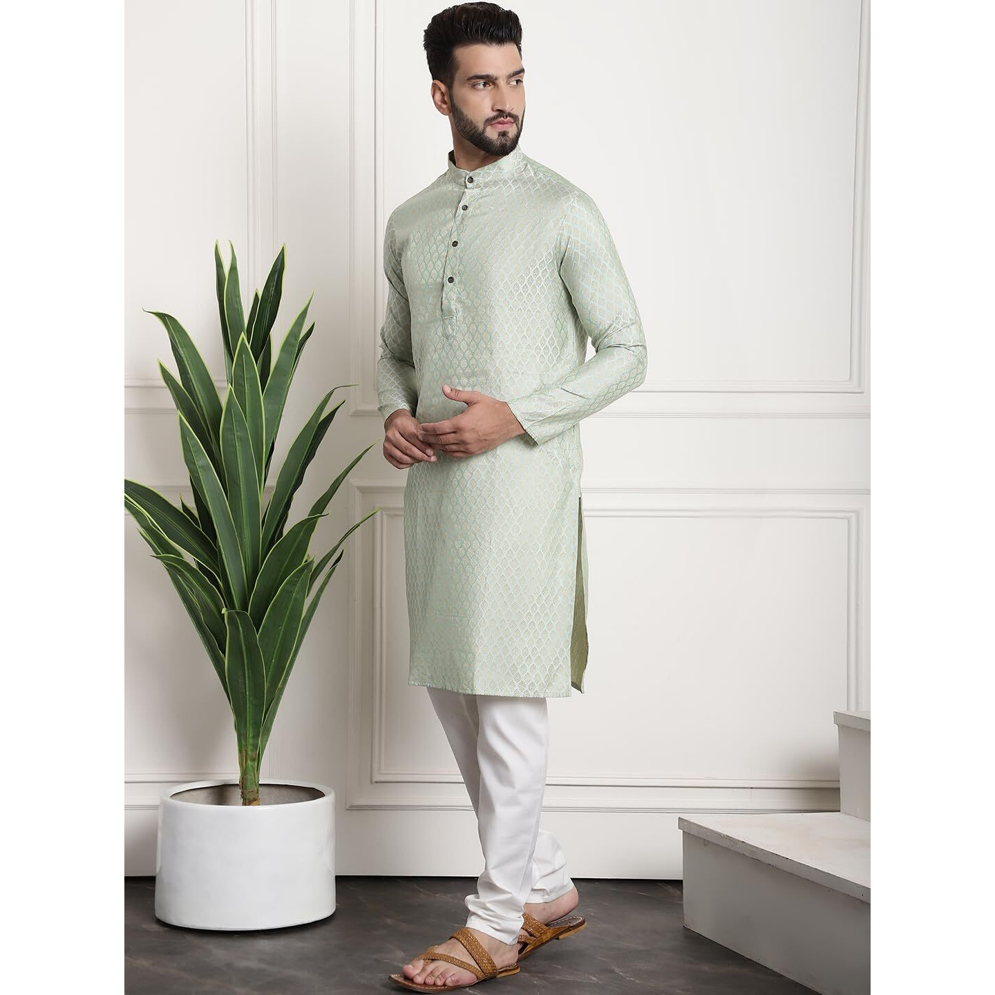 Sojanya (Since 1958 Men's Jacquard Silk Pista Green Kurta And Cream Pyjama With Wine Nehrujacket