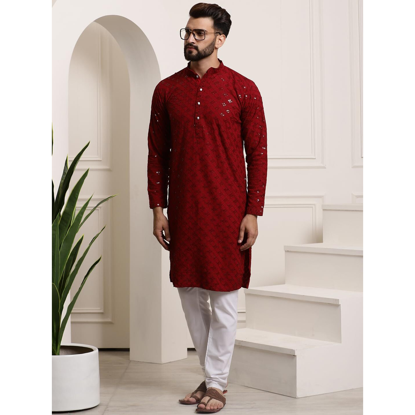 Sojanya (Since 1958 Men's Pure Cotton Maroon Sequence Kurta & White Pyjama Set