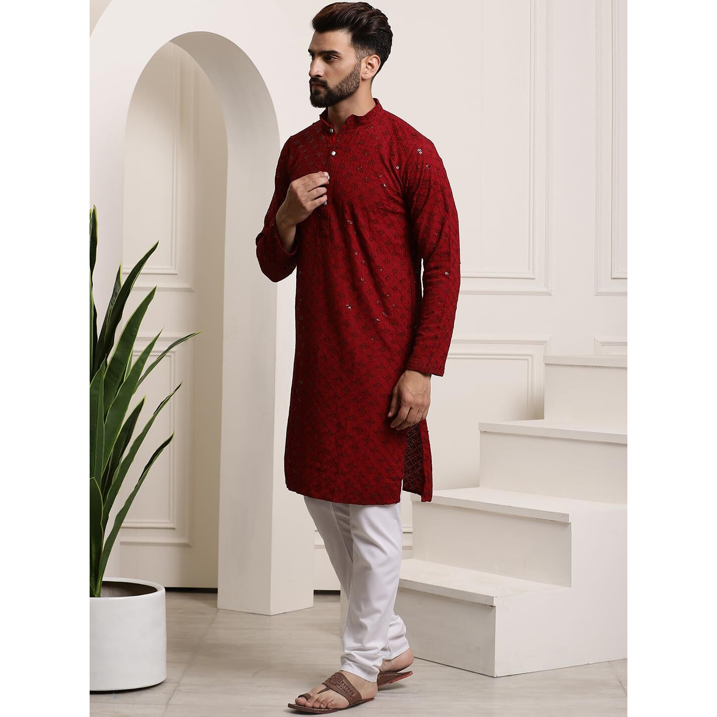 Sojanya (Since 1958 Men's Pure Cotton Maroon Sequence Kurta & White Pyjama Set