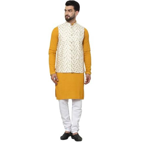 Sojanya (Since 1958 Men's Pure Cotton Mustard Kurta And White Pyjama With Embroidered Cream Nehru Jacket