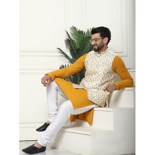 Sojanya (Since 1958 Men's Pure Cotton Mustard Kurta And White Pyjama With Embroidered Cream Nehru Jacket
