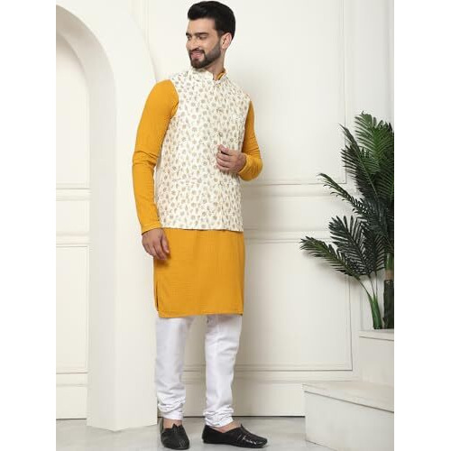 Sojanya (Since 1958 Men's Pure Cotton Mustard Kurta And White Pyjama With Embroidered Cream Nehru Jacket