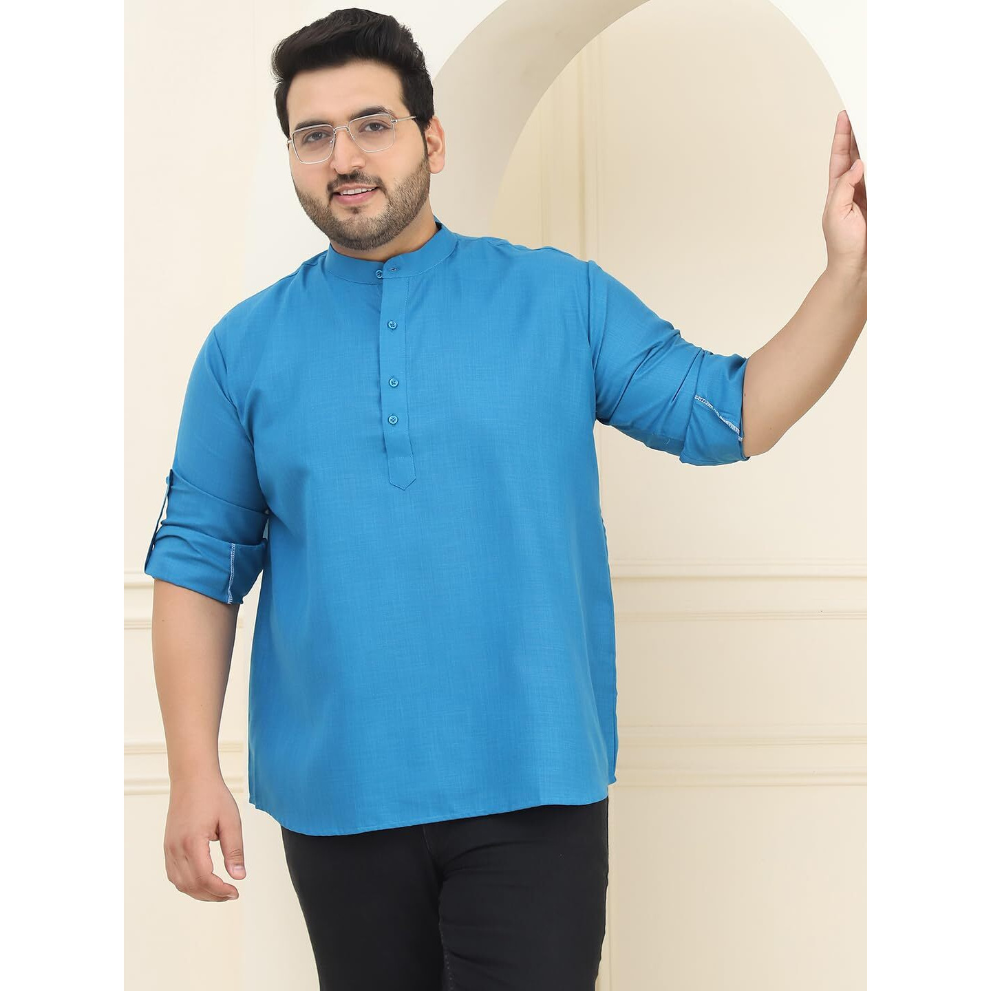 Sojanya Plus(Since 1958), Men's Cotton Peacock Blue Short Kurta