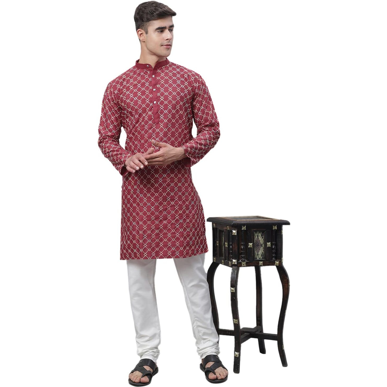 Sojanya (Since 1958 Men's Silk Blend Maroon Kurta With Multi Color Embroidery And Cream Pyjama