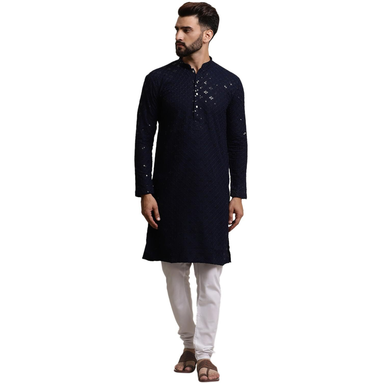 Sojanya (Since 1958 Men's Pure Cotton Nblue Sequence Kurta & White Pyjama Set