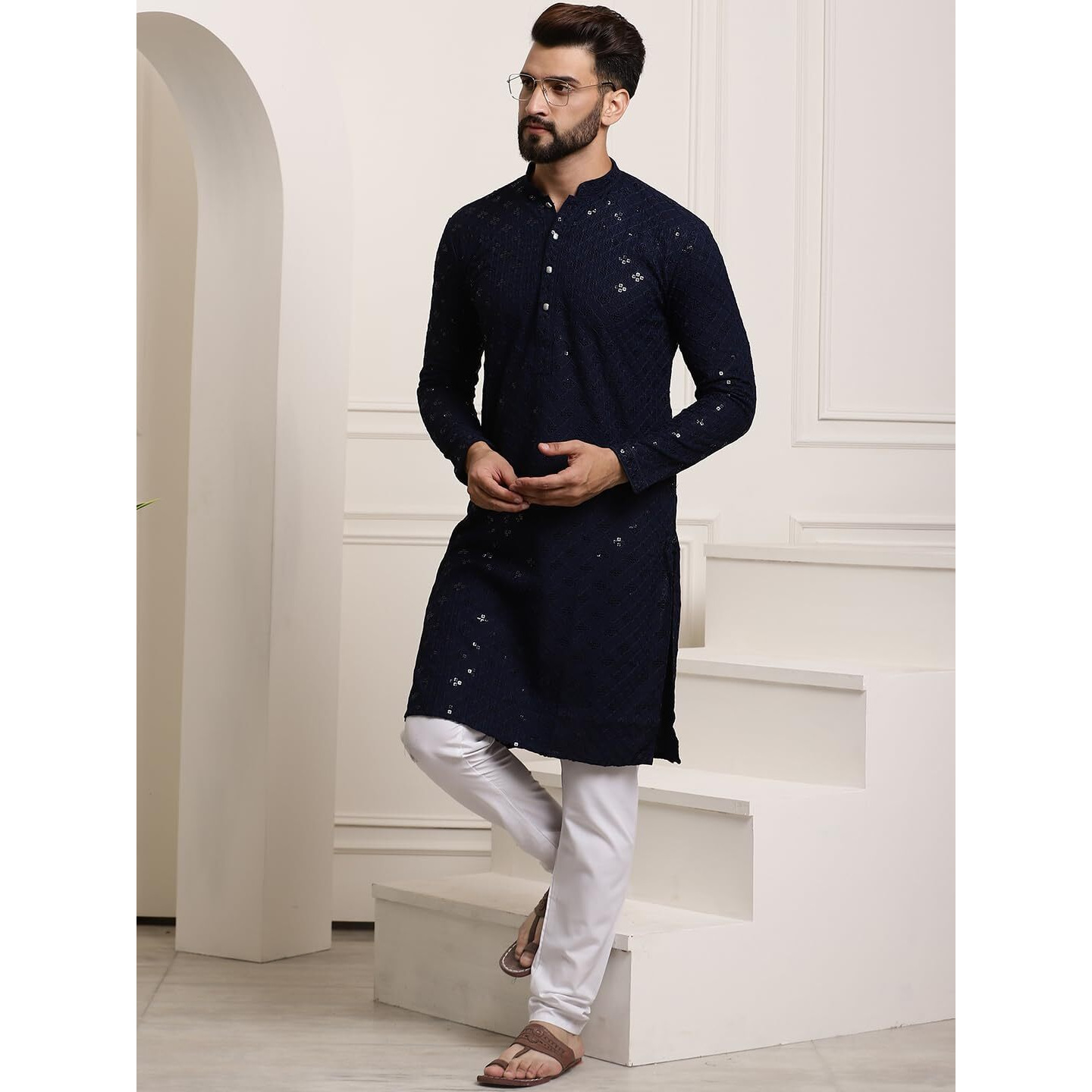 Sojanya (Since 1958 Men's Pure Cotton Nblue Sequence Kurta & White Pyjama Set
