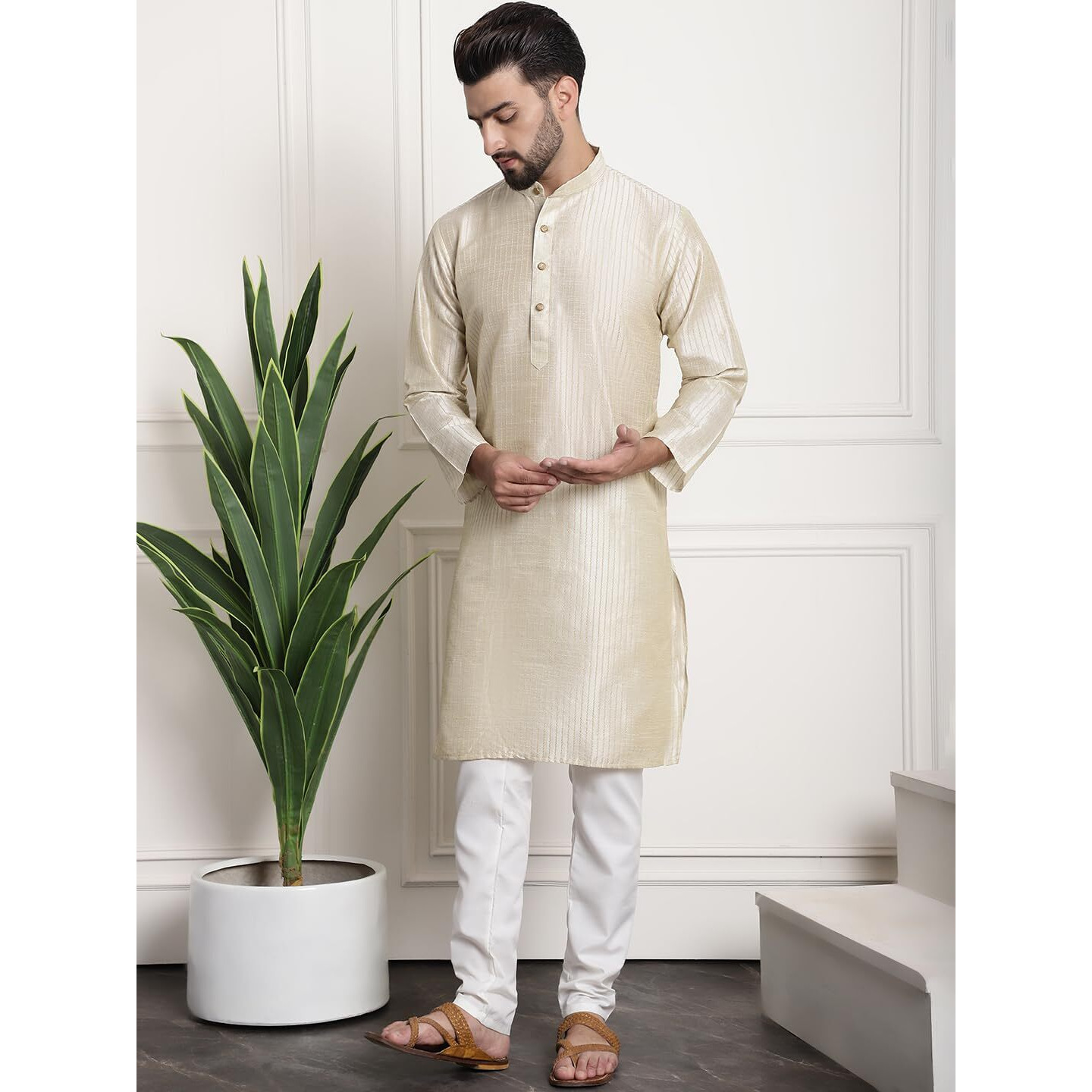 Sojanya (Since 1958 Men's Silk Blend Cream Kurta And Of-White Solid Pyjama With Wine Nehru Jacket