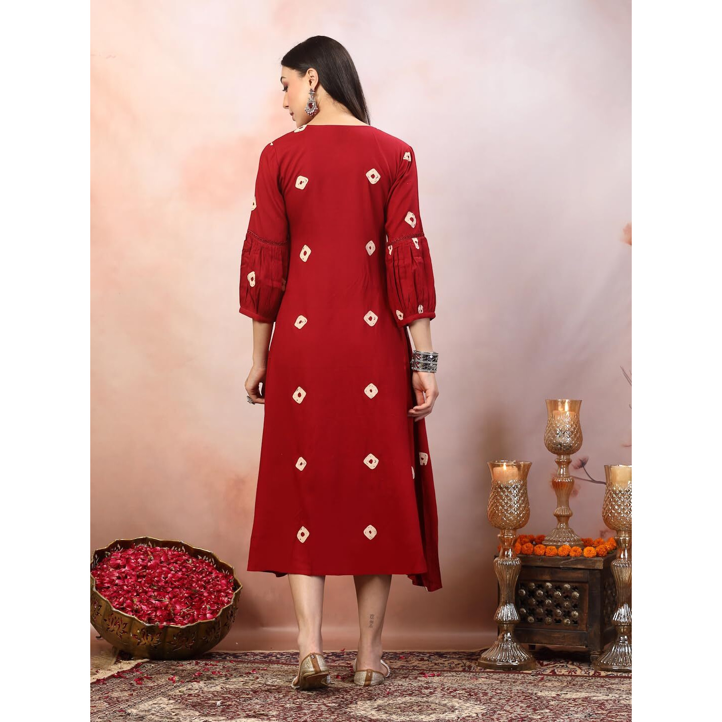 Stylum Women's Bandhej Printed & Embroidered Rayon Maxi Dress (Drsmaroonrose34_Maroon, Xs)