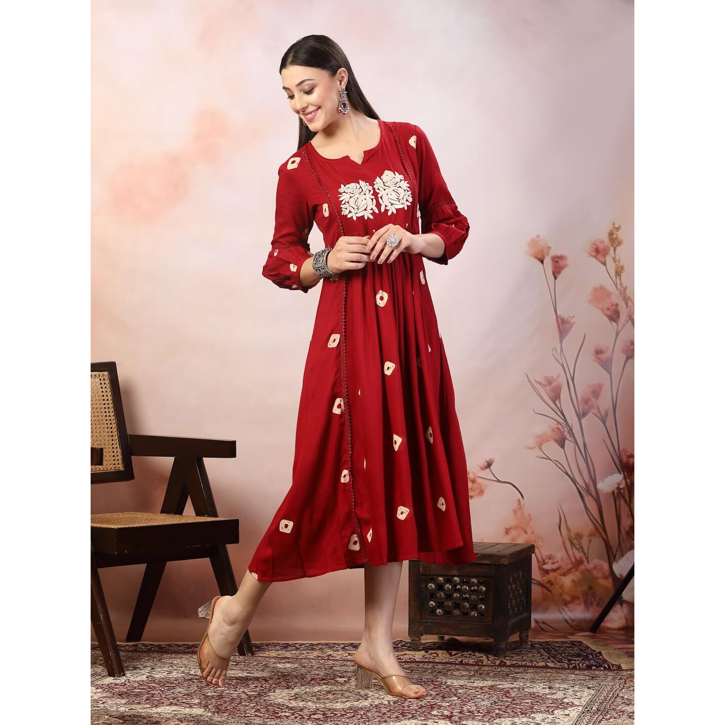 Stylum Women's Bandhej Printed & Embroidered Rayon Maxi Dress (Drsmaroonrose34_Maroon, Xs)