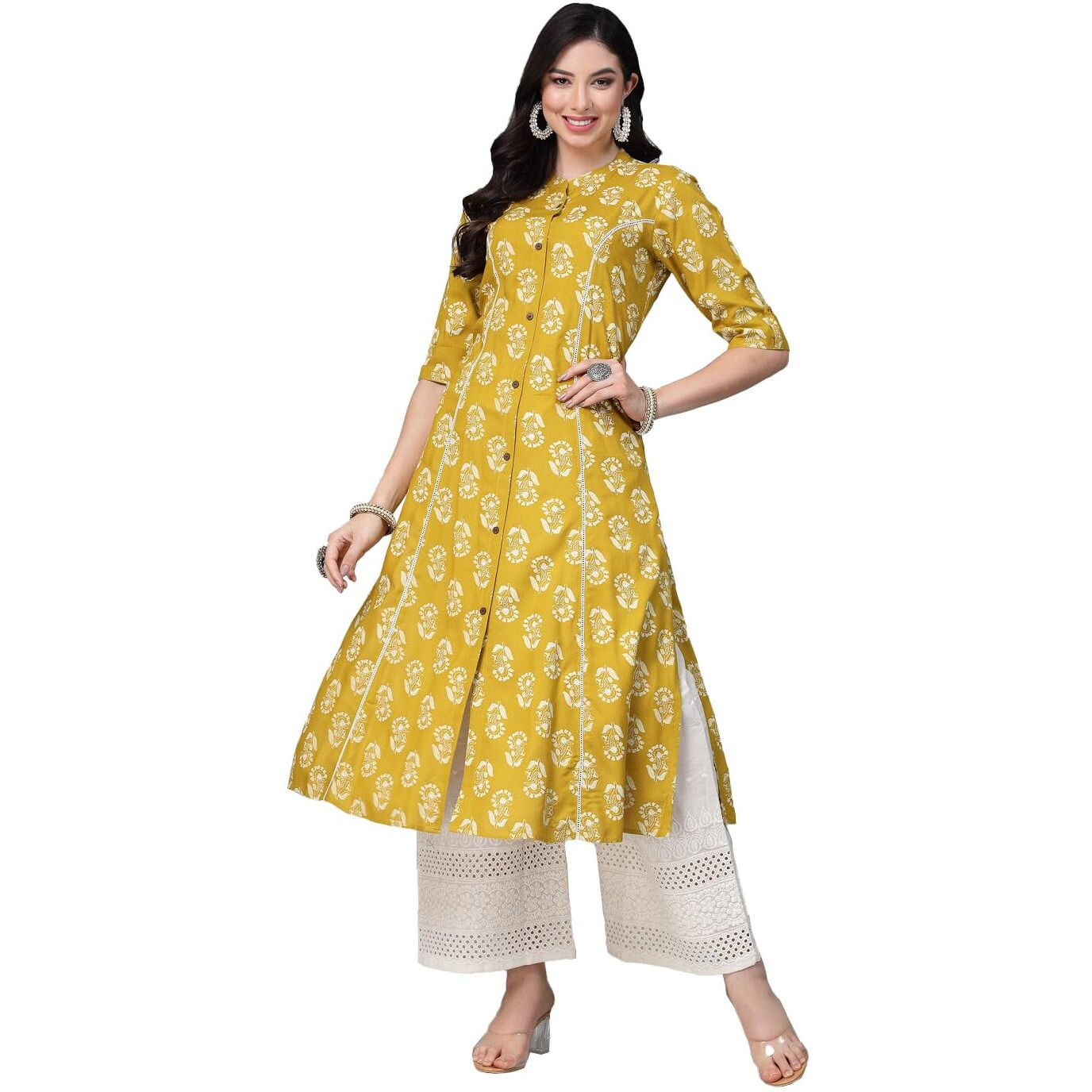 Stylum Women's Floral Printed Rayon A-Line Kurta (Johnycorn38_Lime Green, M)