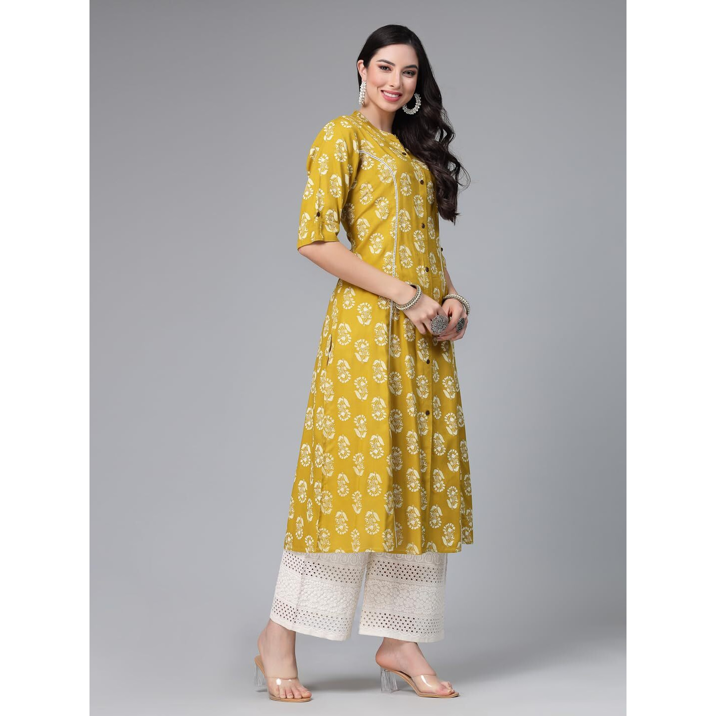 Stylum Women's Floral Printed Rayon A-Line Kurta (Johnycorn38_Lime Green, M)