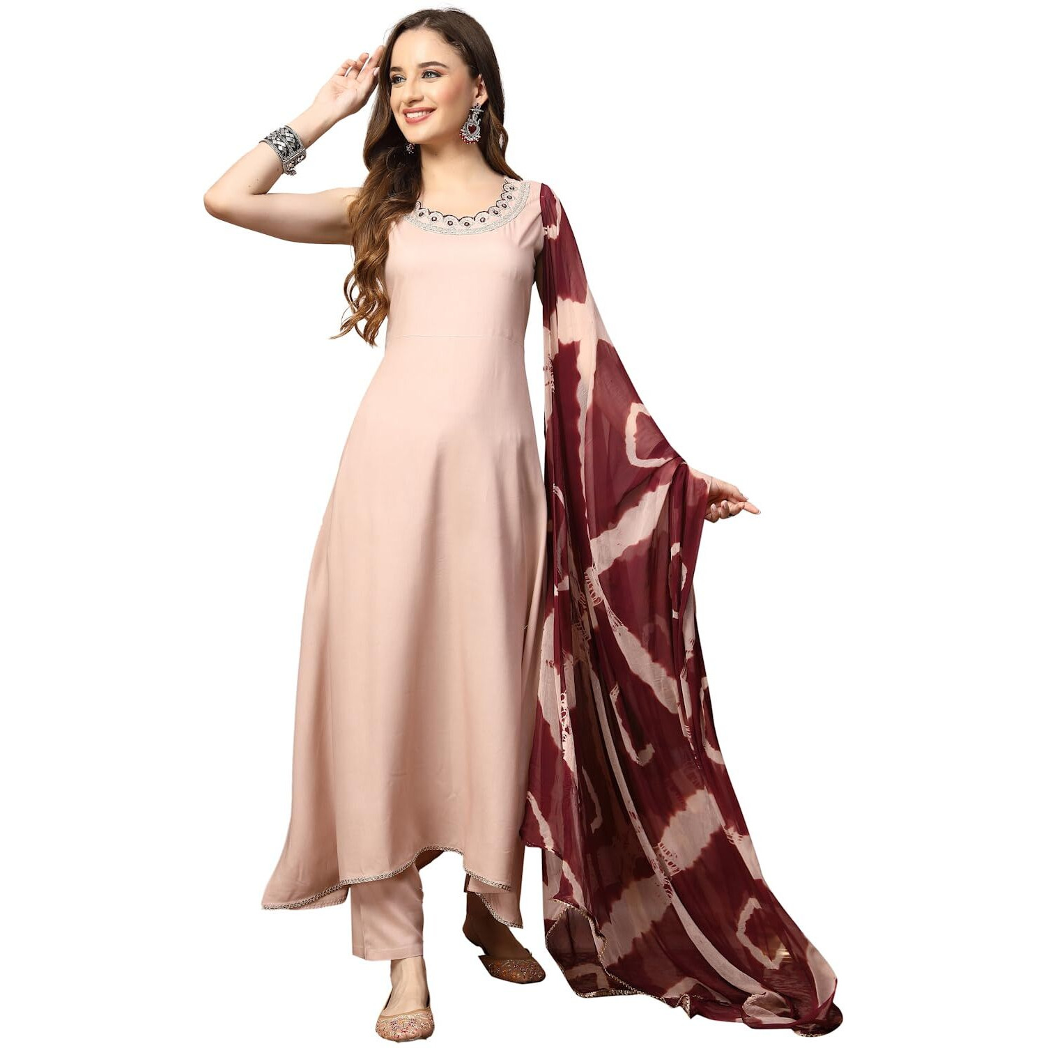 Stylum Women's Solid & Embroidered Rayon A-Line Kurta Dupatta Set (Kdblushjacob42_Rose Gold, Xl)