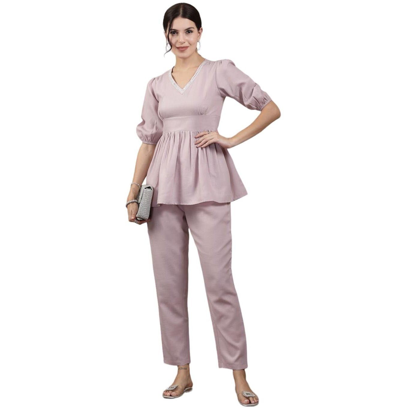 Stylum Women's Embroidered Cotton Blend Co-Ord Set (In, Alpha, Xs, Regular, Purple)